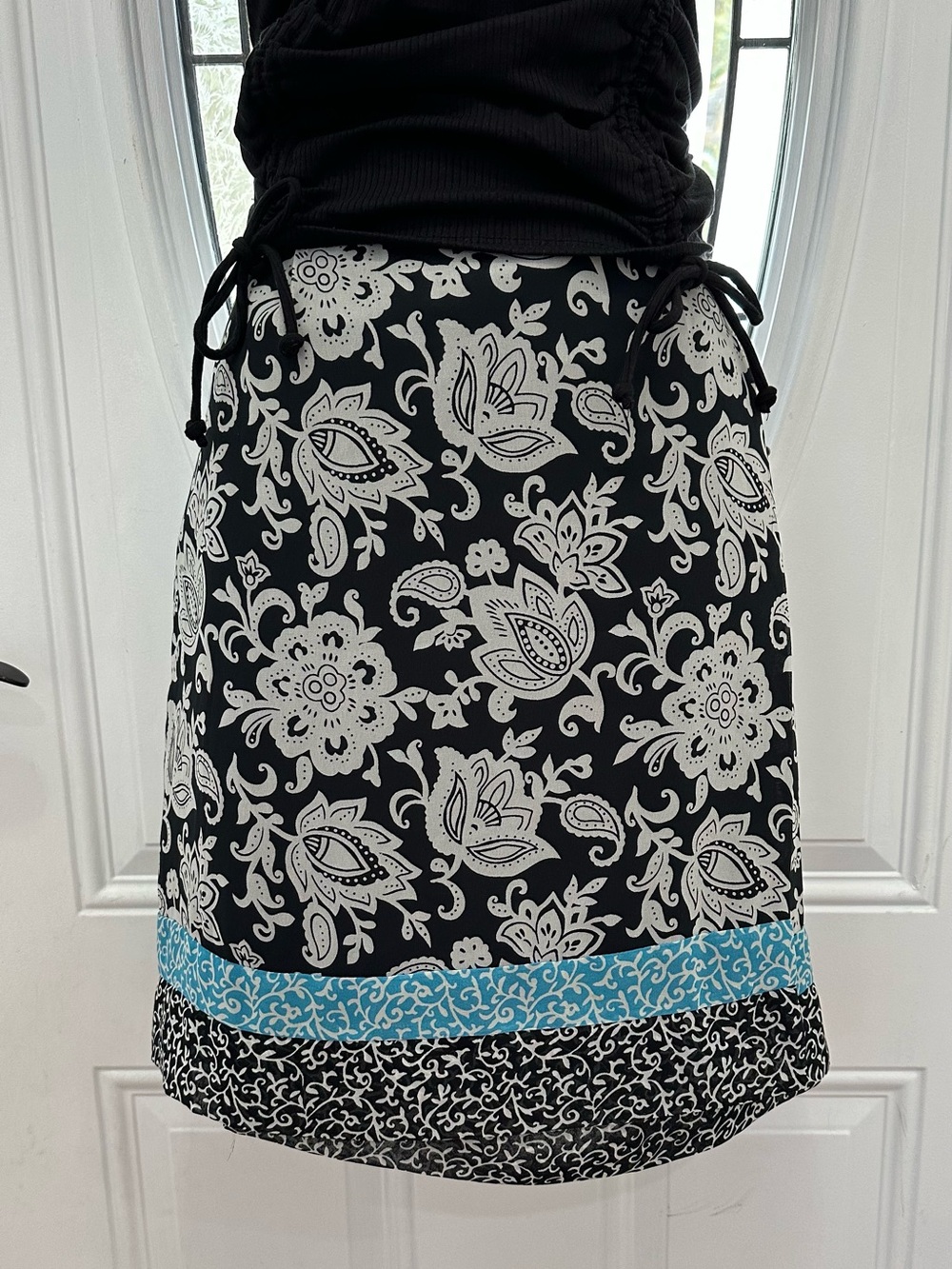 Black and White Paisley Print Wrap around skirt with Teal Trim Medium